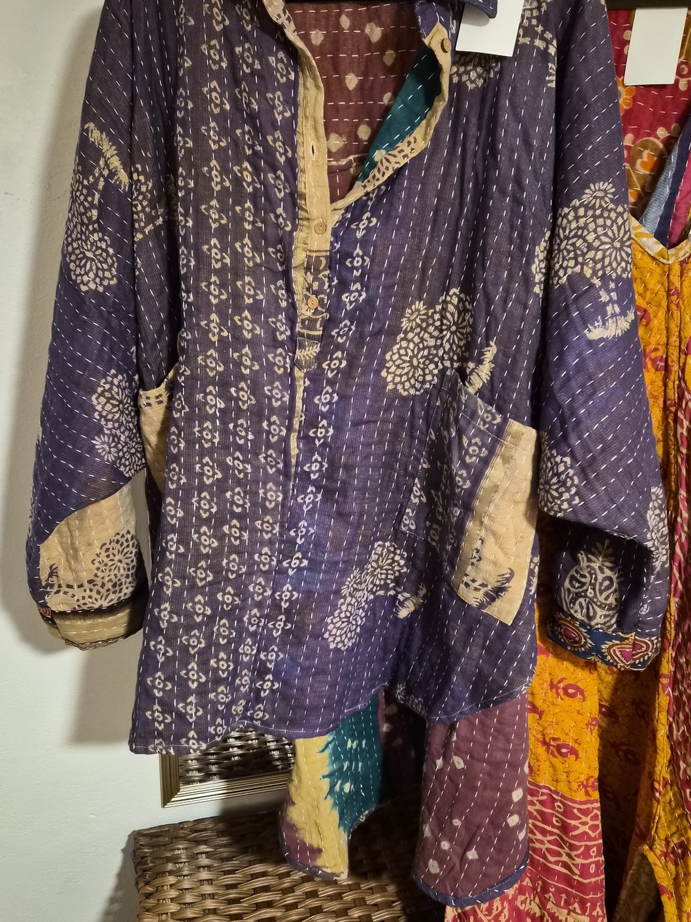 NWT Purple & Cream Kantha Quarter Button Down With Pockets
